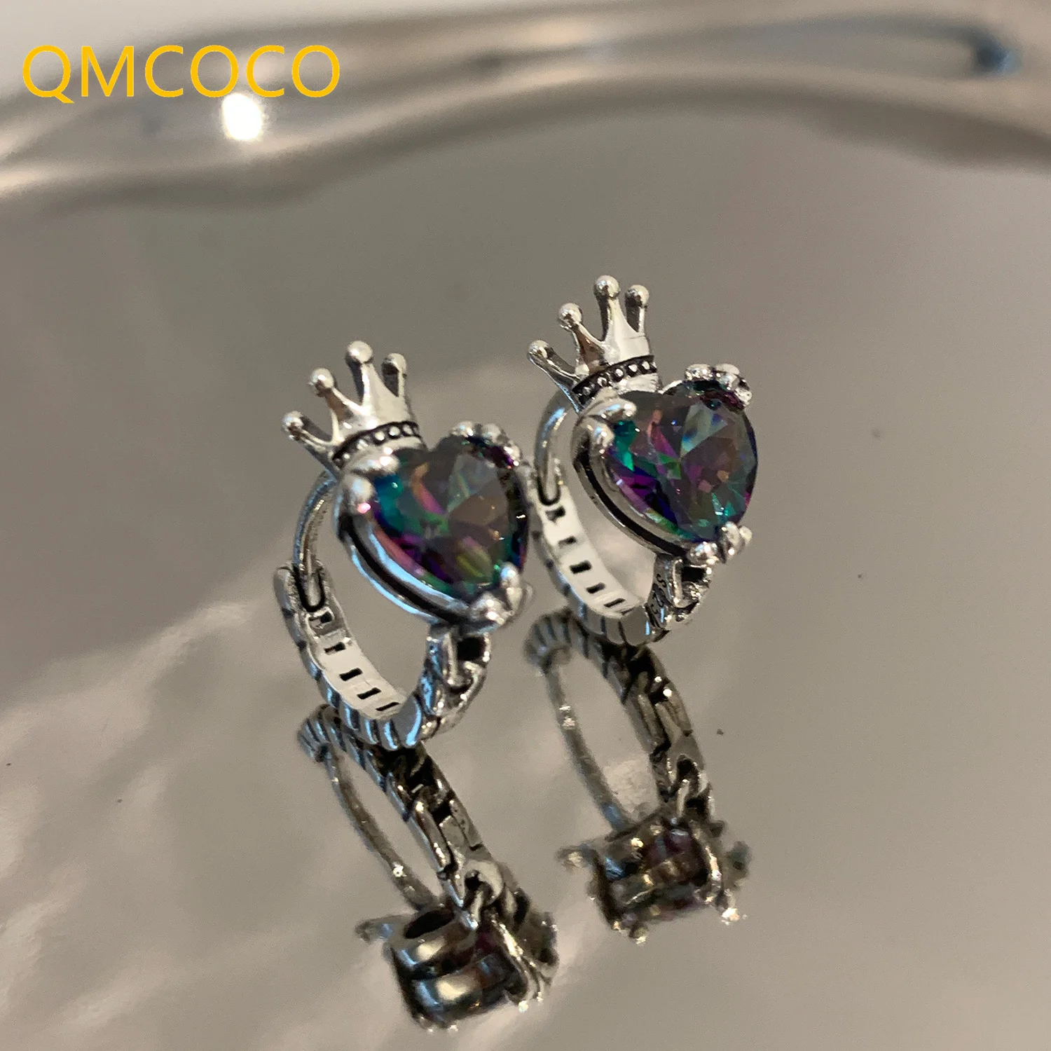 QMCOCO Vintage Crown Hear Zircon Earrings For Women Girl Fashion Silver Color Delicacy Jewelry Accessoris Party Gifts