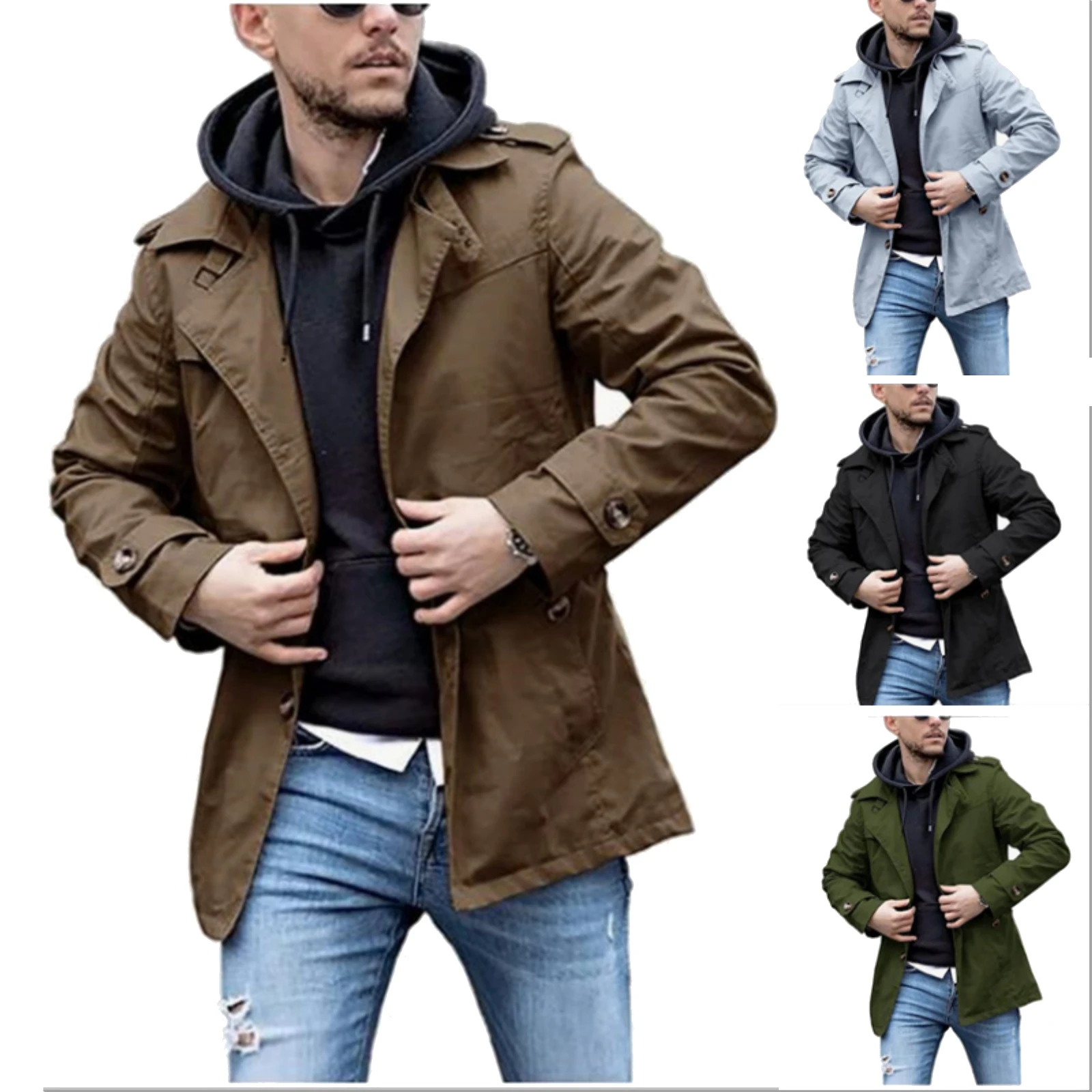 

Collar Button Windbreaker Jacket Solid Color Mid Length Jacket Medium To Long Casual Jacket Spring And Autumn Men'S Windbreaker