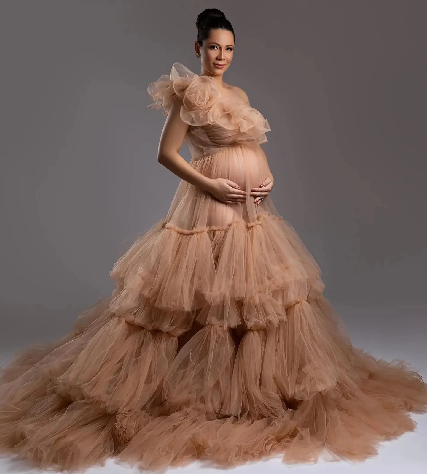 Tulle Brown Maternity Dresses for Photoshoot One Shoulder Sexy Party Dress Babyshower Women Robes Pregnancy Dress Vestido