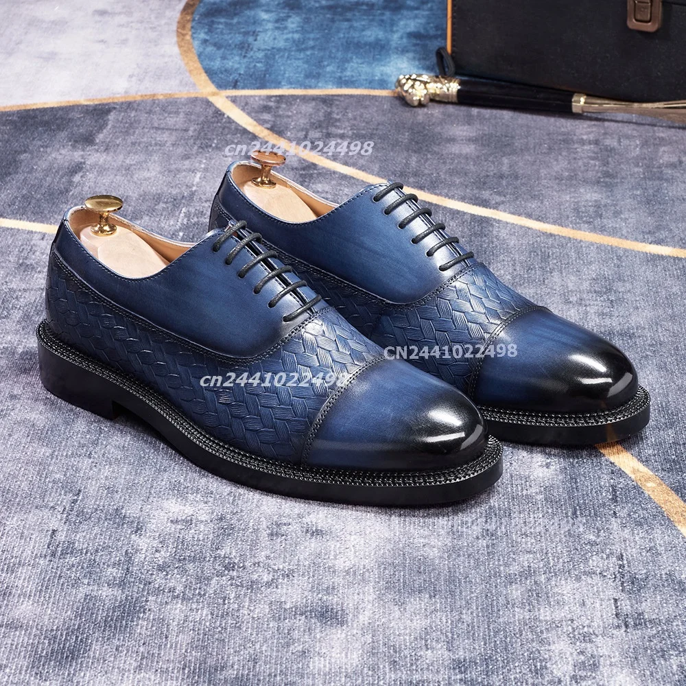 Weave Embossed Oxford Shoes Men Cap Toe Lace Up Faux Leather Two Tone Blue Formal Business PU Leather Dress Shoes Footwear