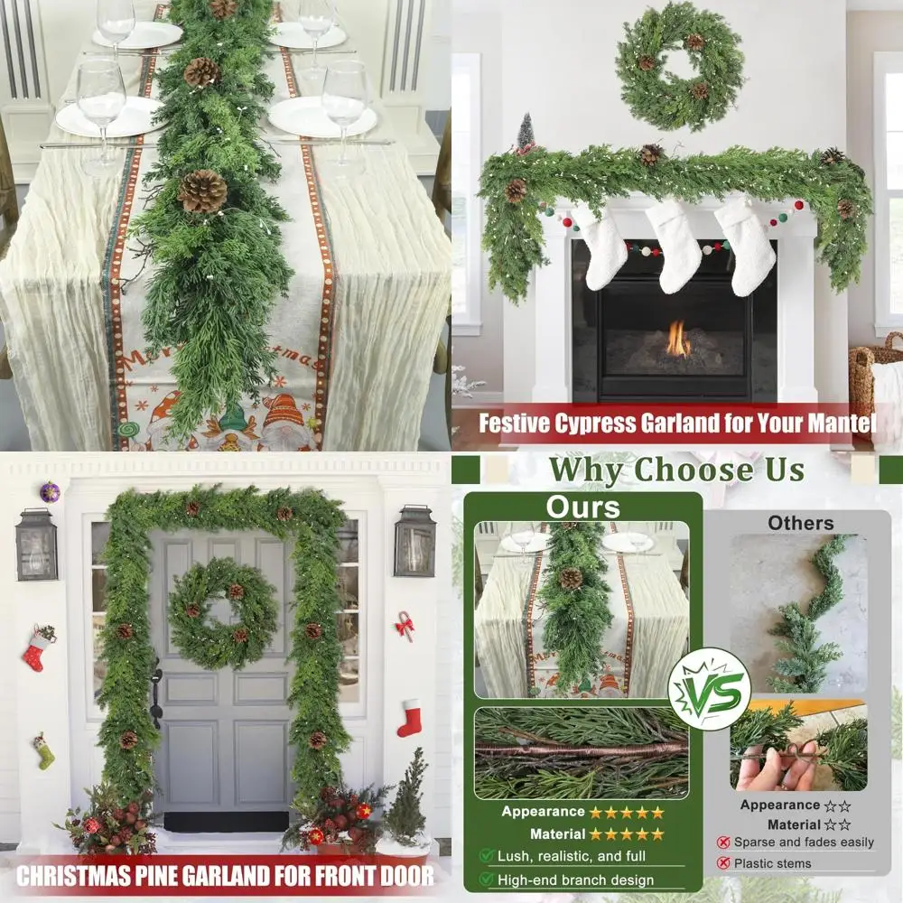

Realistic Artificial Cypress Pine Garland with Pinecones - 6 Ft Christmas Greenery for Outdoor and Indoor Decor