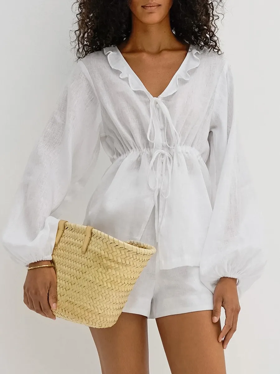 White Ruffle Shorts Sets Women V Neck Puff Sleeve Waist Cinched Blouse+Pocket Shorts 2025 New Summer Casual Simple 2 Piece Set