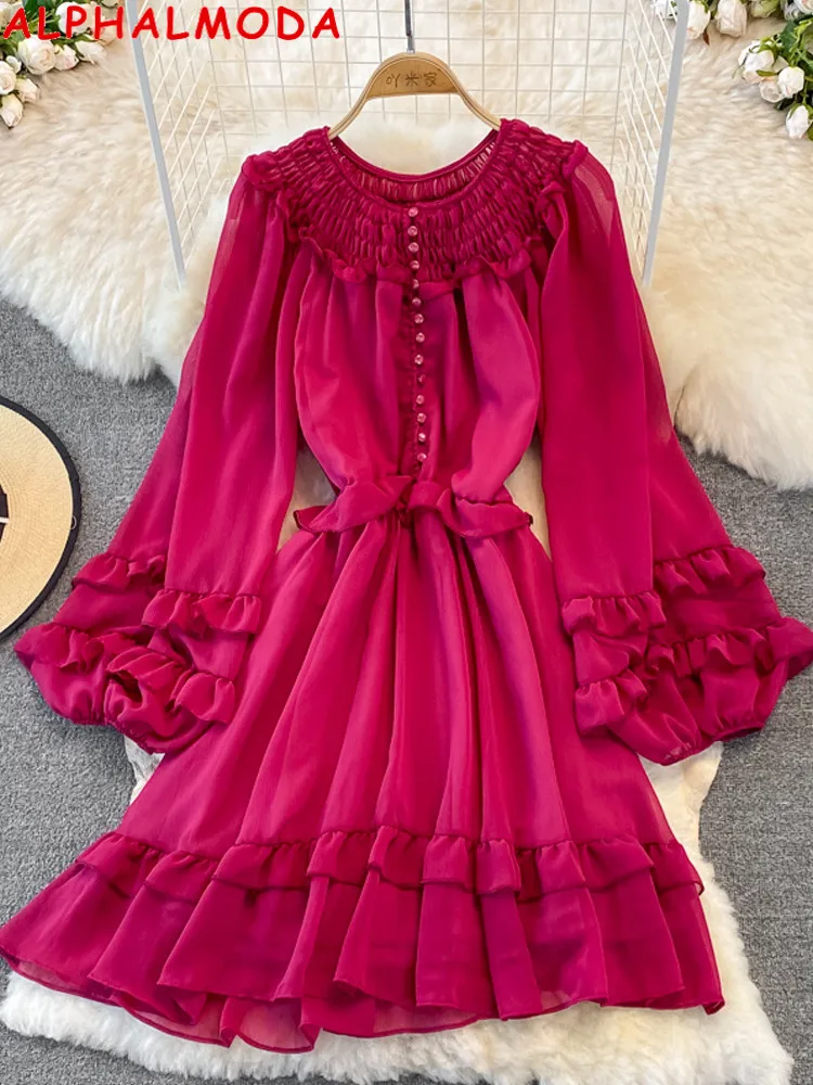 

ALPHALMODA New Single Breasted Latern Sleeve Women Retro Chiffon Dress Solid Color Ladies Long-sleeved A-line Elegant Dress