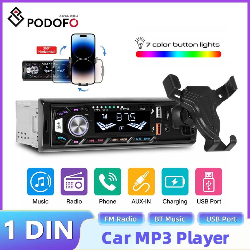 Podofo Auto 1din Audio Radio Bluetooth Stereo MP3-Player FM-Empfänger unterstützt Telefonaufladung AUX/USB/TF-Karte mit Telefonhalterung
