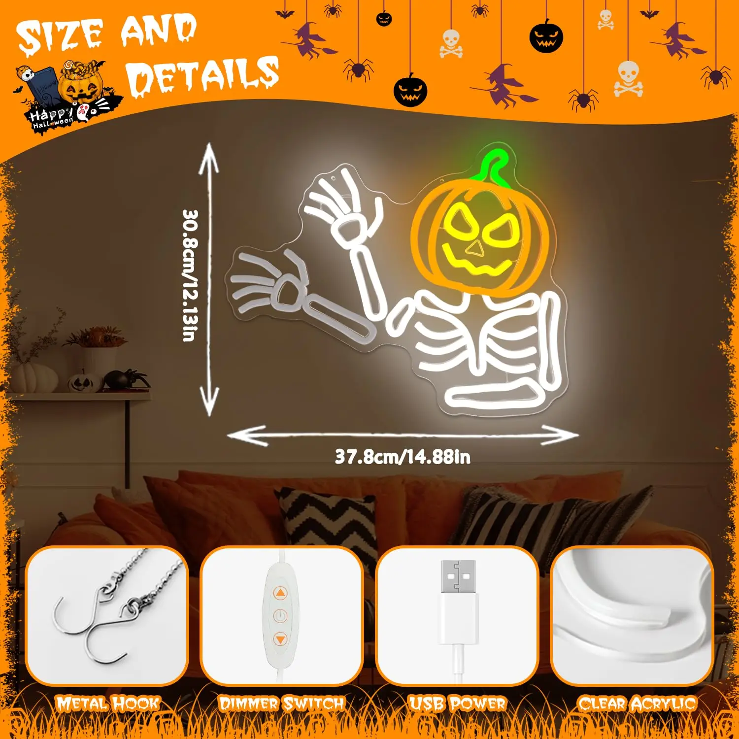 Waving Skeleton Pumpkin Neon Sign Dimmable Skeleton Flashing Neon Sign Wall Decor for Halloween Window Party Game Room