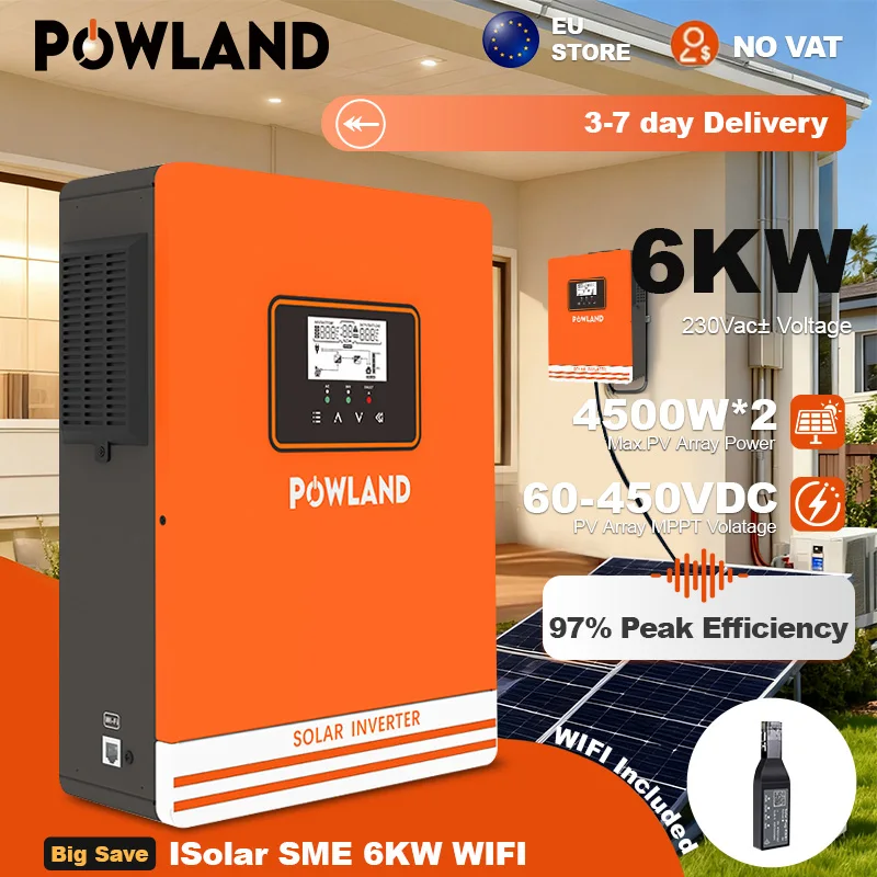 POWLAND 6000W 220V MPPT onduleur solaire Max 4500W * 2 60V-450V entrée PV 50Hz onduleur à onde sinusoïdale Pure avec fonction CT comprend WIFI
