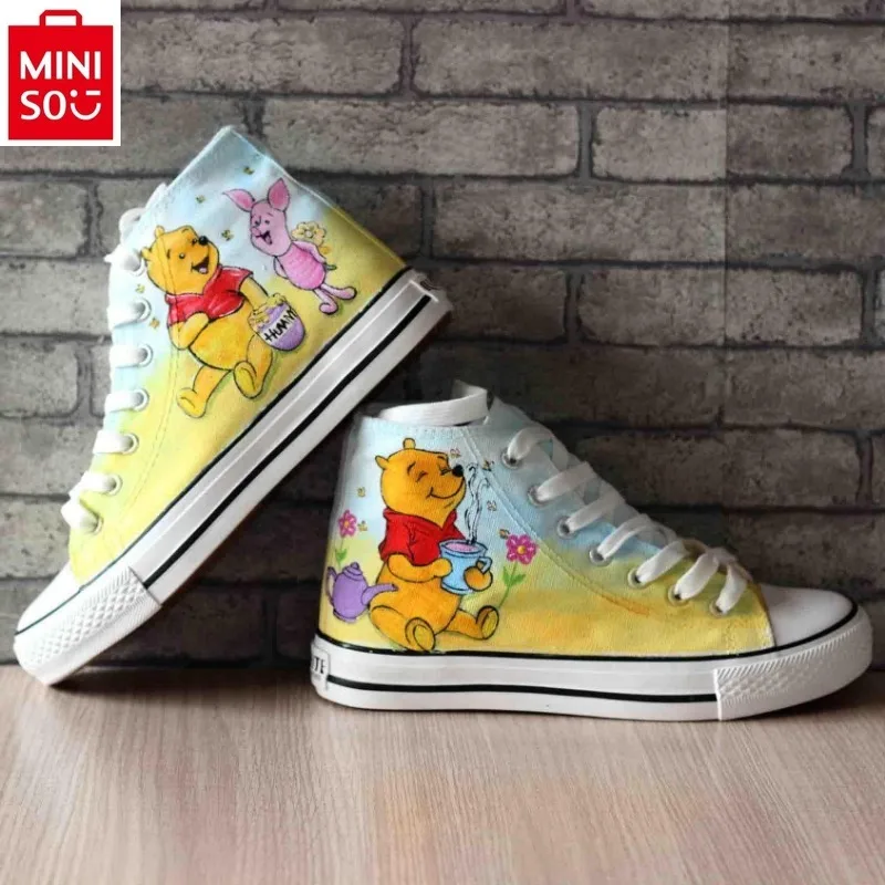 MINISO   Disney Winnie Bear Large High Top Lace up Shoes Student High Quality Canvas Anti slip Breathable Flat Shoes