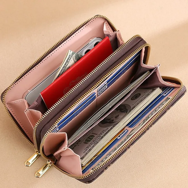 Cartera larga para mujer, cremallera de doble capa de cuero PU, almacenamiento para teléfono móvil de gran capacidad, cartera multifuncional con cordón para muñeca