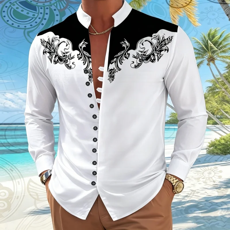 2027 men's Shirt With Contrasting Printed Stand Up Collar  Personalized Casual Long Sleeved Trendy Vacation Casual men's Shirt