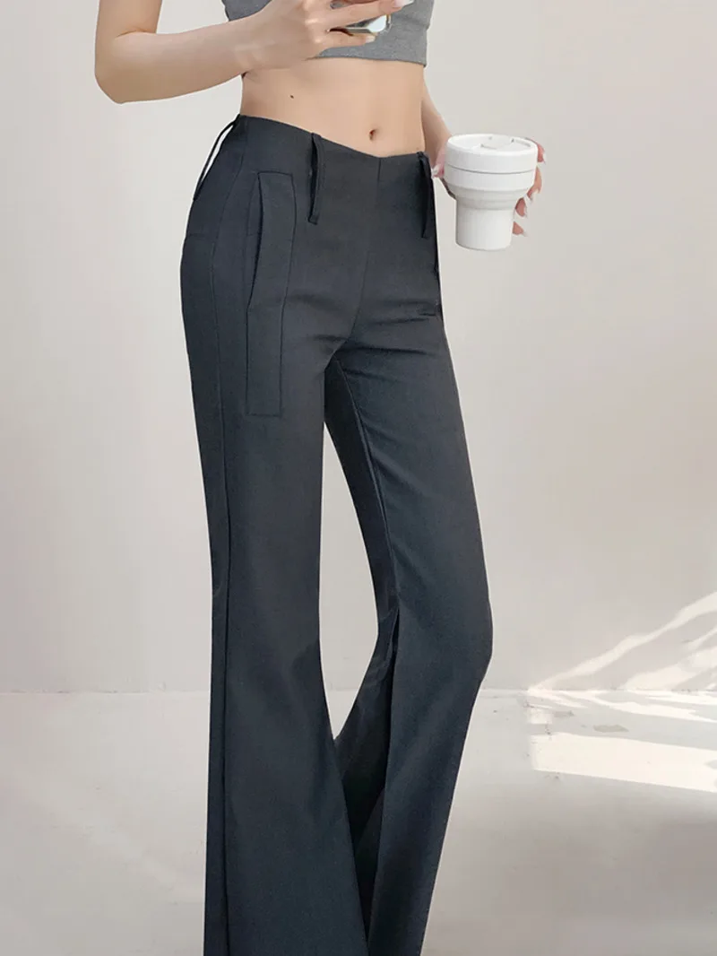 American Style Retro Low Waist Sexy Exposed Navel Micro Flared Pants Women Autumn Casual Versatile Slim Floor Length Pants F138