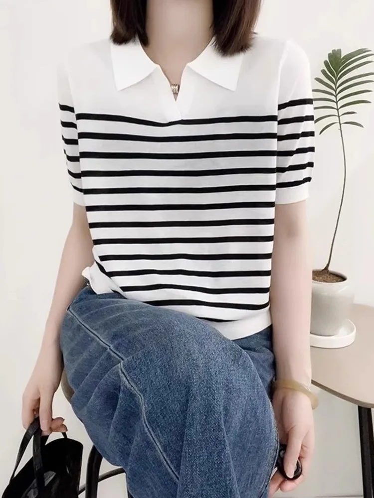 

Design Sensation Single Button ort Sve Knitted Ice Silk Ne Women's T-irt Summer Breathable Skin-Friendly Top