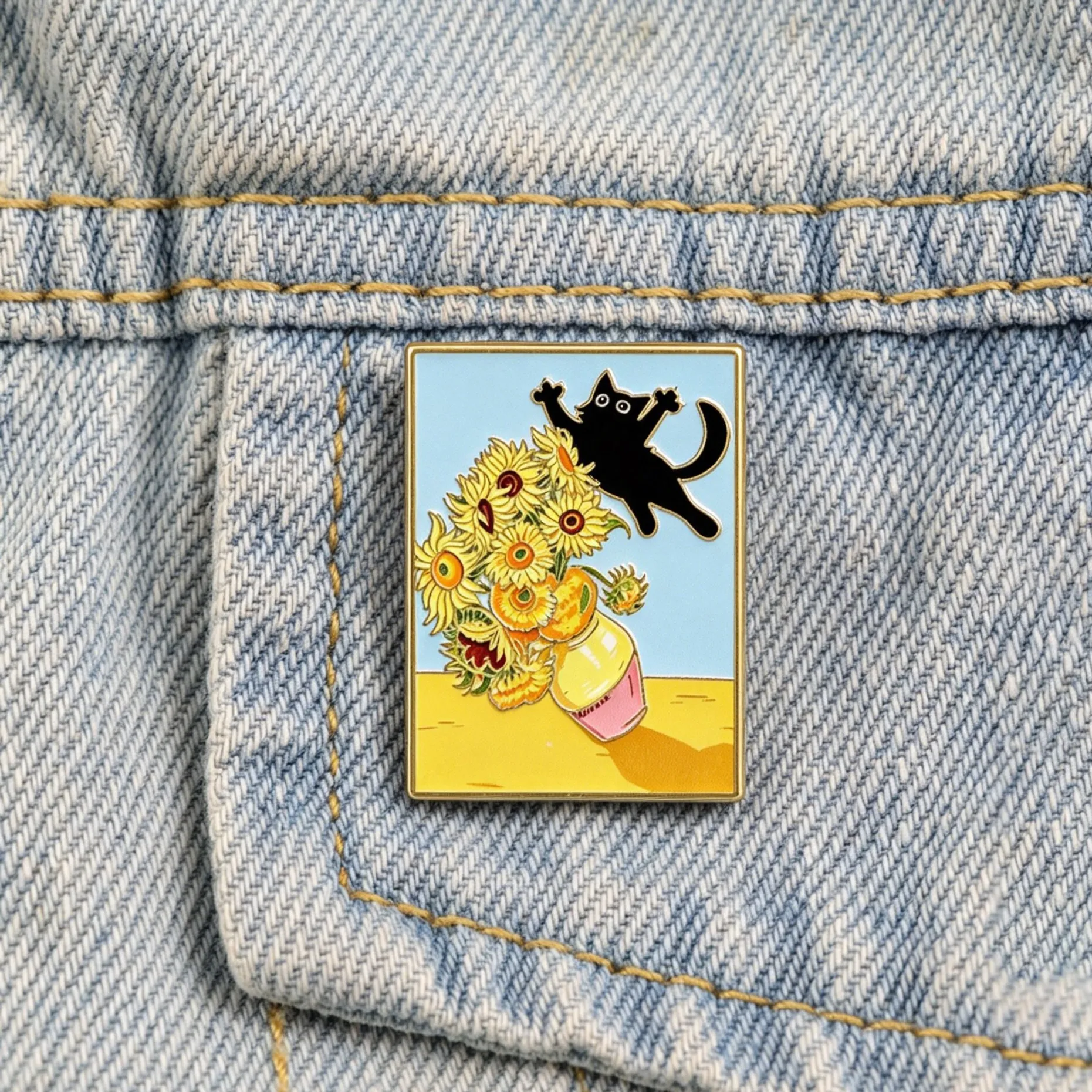 Van Gogh Sunflower Black Cat Enamel Pin Funny Art Painting Lapel Brooch Metal Badge for Backpack Jeans Hat Cute Art Jewelry Gift