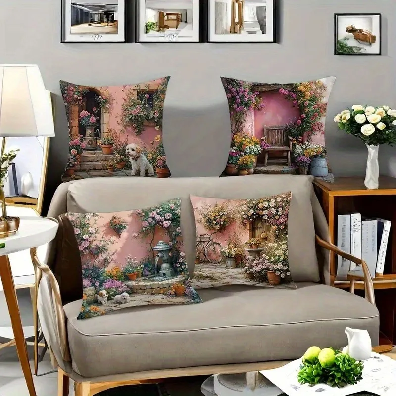 

Pastel Floral Cottage Scene Pillowcase: Charming Puppy & Garden Pattern Cushion Cover for Cozy Romantic Home Sofa Decor