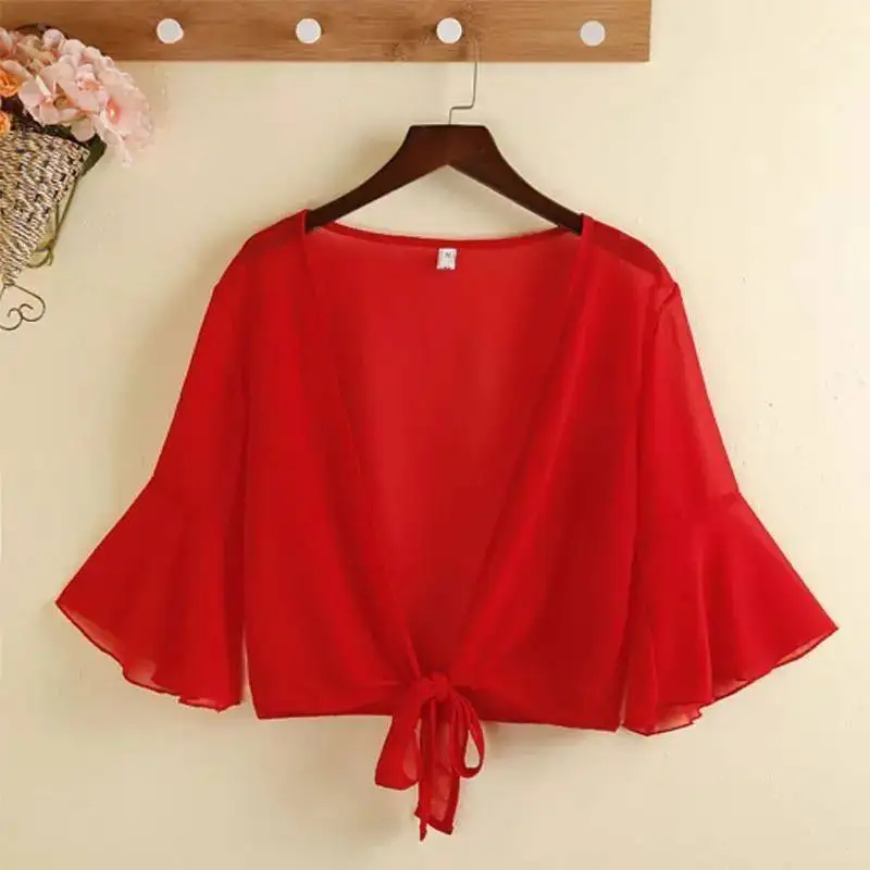 

Women's Summer Fashionable Short Thin Shirt Sunscreen Cardigan Shawl V-Neck Long Sleeve Transparent Elastic Fiber Blouse