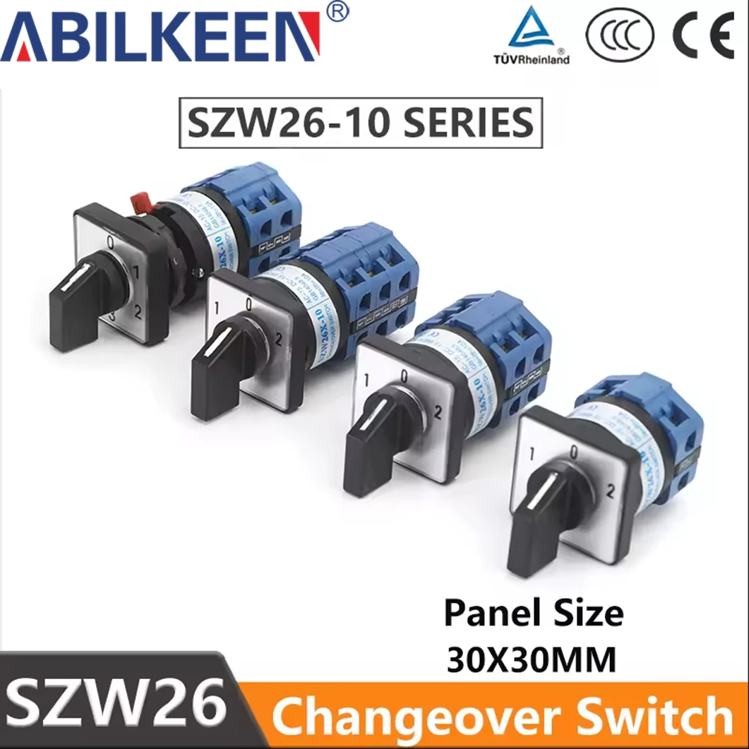 

Универсальный переключатель SZW26-10, 3-позиционный, панельный, 1-0-2 полюса, 1/2/3/4 опциональных, самоблокирующийся поворотный кулачковый переключатель