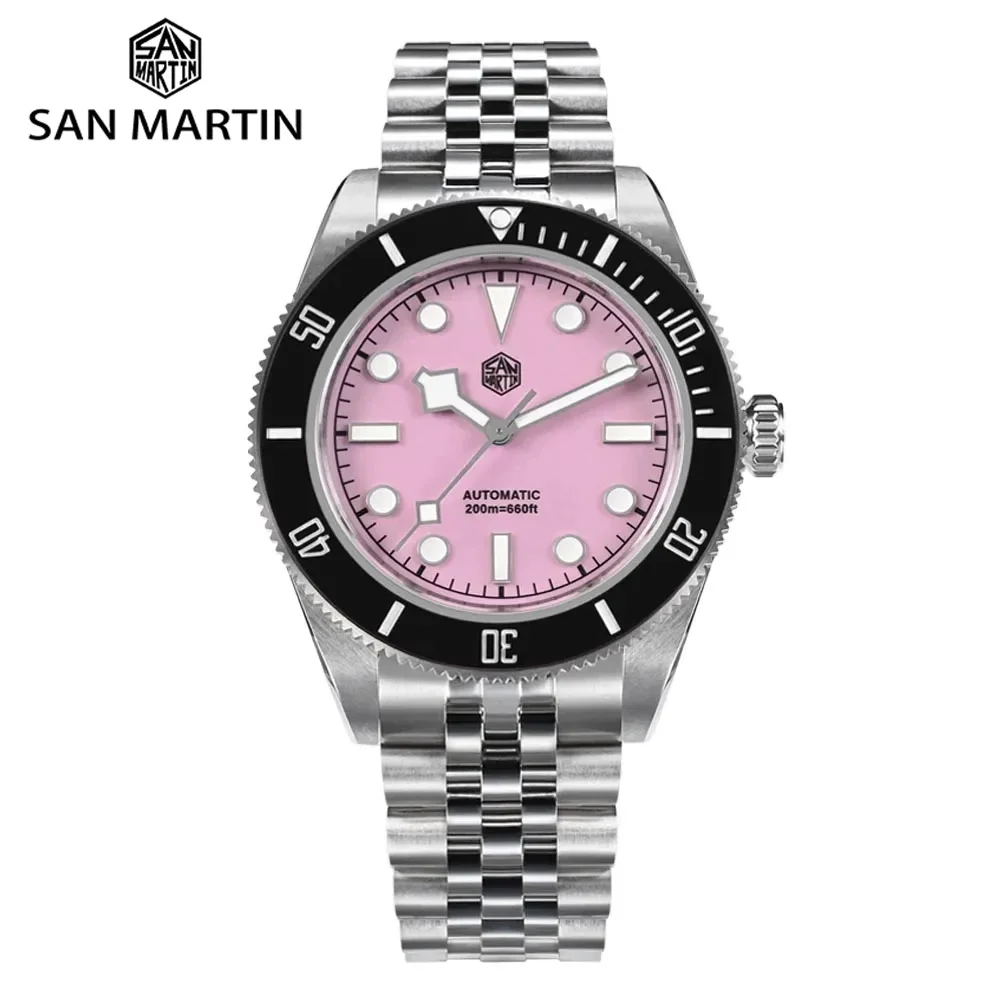 

San Martin SN0128 40mm Men Dive Watch NH35 Automatic Mechanical Pink Dial Sapphire Luminous Waterproof Fashion Luxury Watches