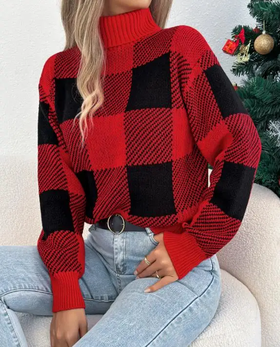 

Women's Hoodies Elegant Sweater 2025 Autumn/winter Casual Color Contrasting Checkered Lantern Long Sleeve High Collar Sweater