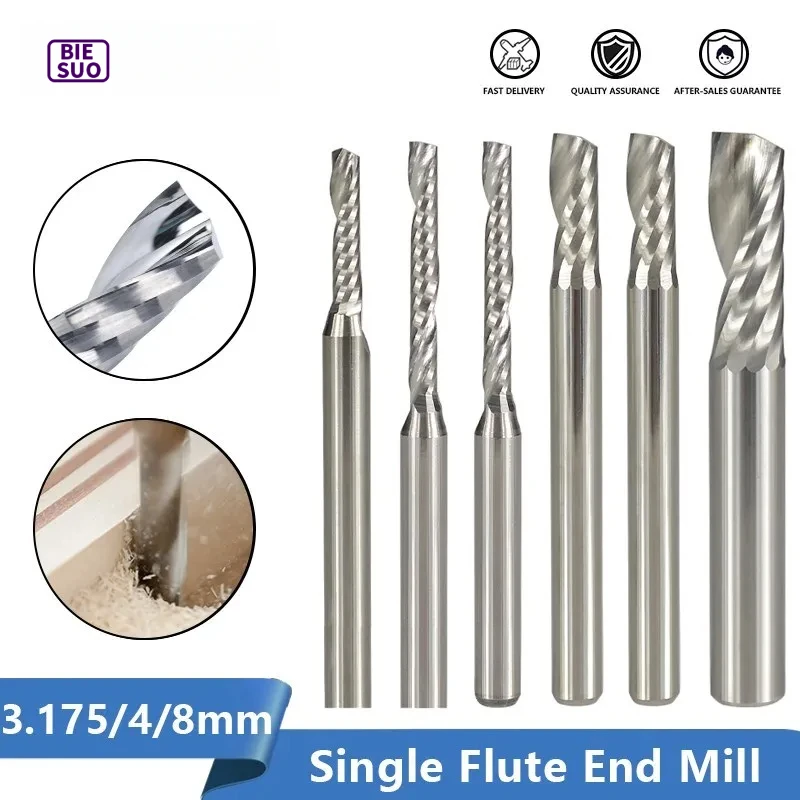 Carbide End Mill Single Milling 3.175 4 6mm Shank One Flute Spiral PVC Cutter CNC Router Bit