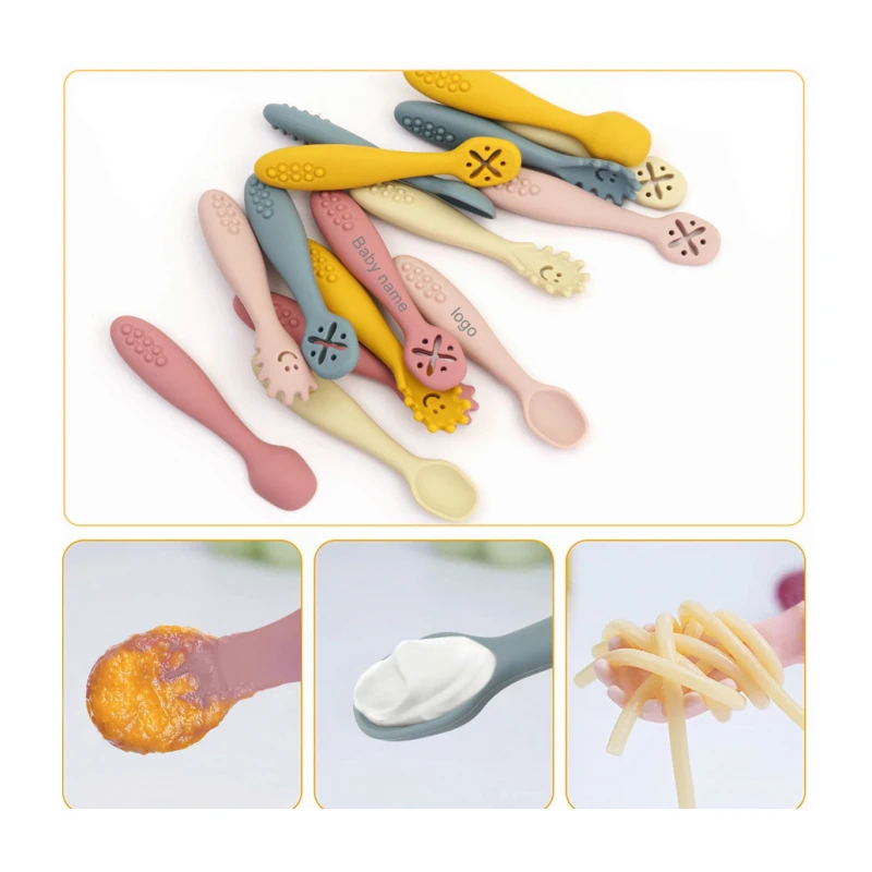 Baby Spoon 3 Piece Set Short Baby Food Spoon Cartoon Silicone Children\'s Non-Slip Self Feeding Toddler Appliances