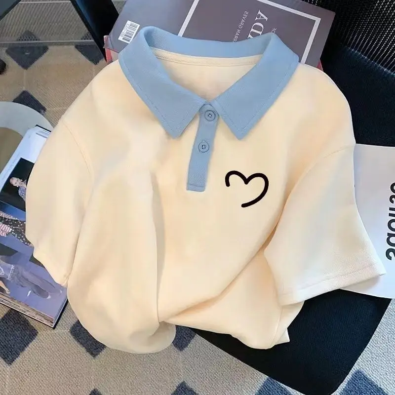 2026 New Color Blocked Girls' Summer Polo Collared Short Sleeve Base Layer Stylish Kids' T-Shirt with Inspired Fashion Design