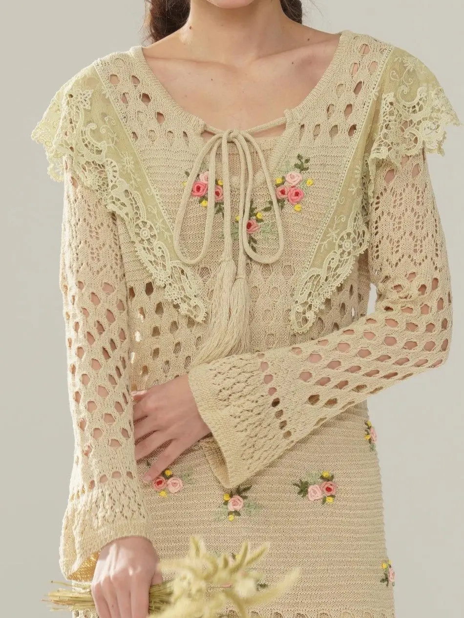 90-120cmBust SpringFall Wool Mulberry Silk Knitted Dress Women Elegant Handmade Embroidery Sexy Lace V-Neck HollowOut Maxi Dress