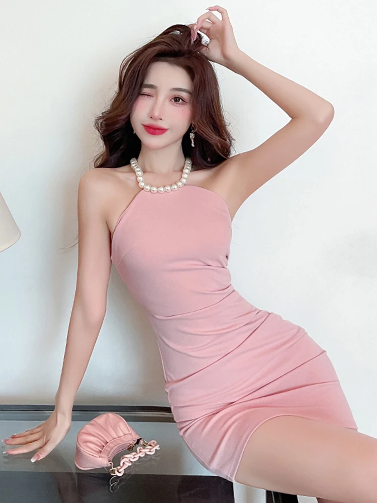 Y2K Elegant Women Evening Dress Sexy Pearl Halter Off-Shoulder Slim Mini Party Club Beach Gown Birthday Lady Femme Mujer Vestido