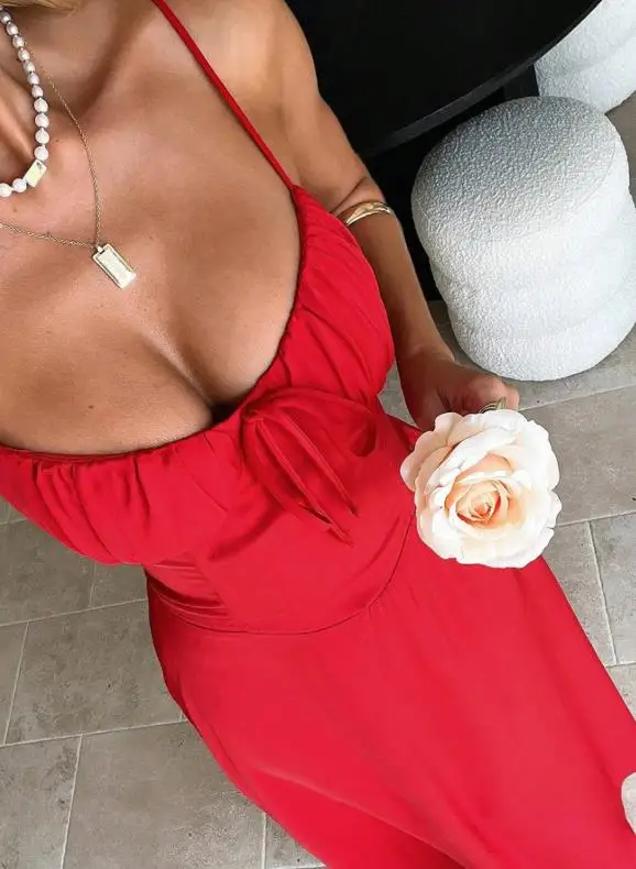 

Women Dresses 2026 Spring Summer New Solid Color V-Neck Spaghetti Strap Sleeveless Slim Fit Daily Casual Long Dress