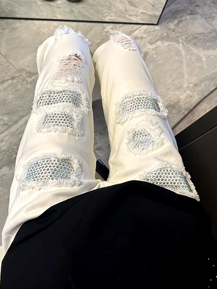 

Мужские джинсы Heavy Du с стразами, винтажные, потертые, зауженные, длинные брюки, уличный стиль, с высокой талией, повседневная джинсовая одежда