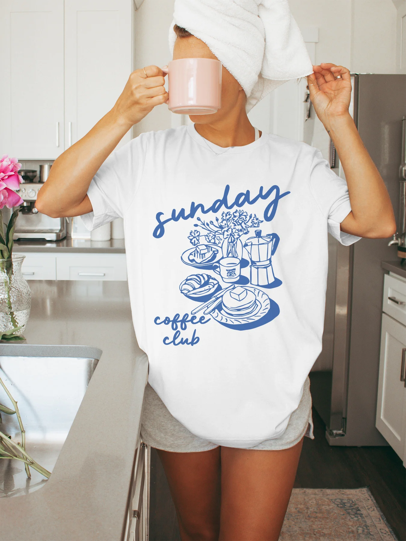 Summer Women's  Sunday Coffee Print T-Shirt Unisex Cotton and Breathable Short Sleeve Streetwear Oversized Loose Casual