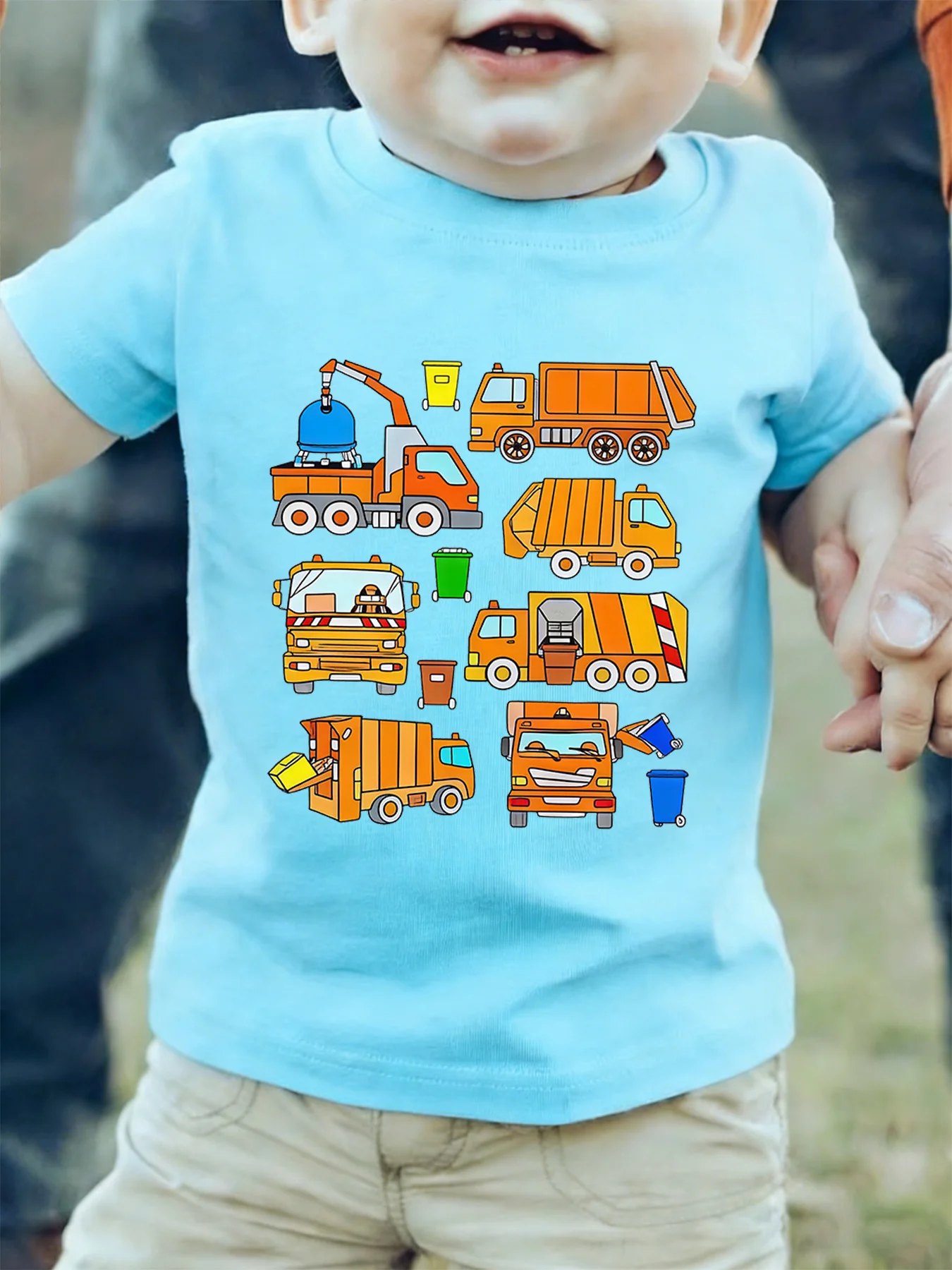 Cartoon Garbage Sanitation Truck Waste Vehicle Graphic Kids T Shirt Boys Girls Family Matching Summer Crew Neck Casual Tee