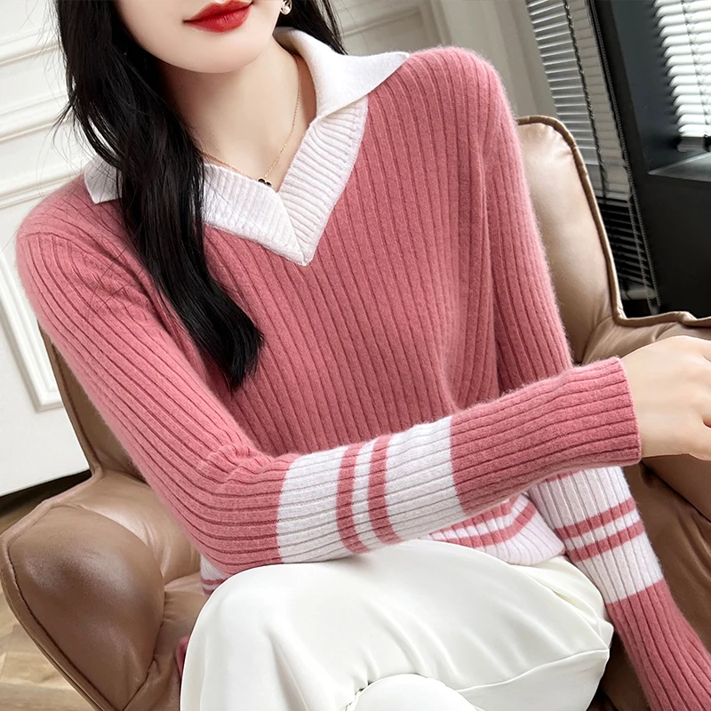 4-color 2024 new women's lapel pullover sweater, color blocked knitted slim fit exquisite women's long sleeved wool sweater