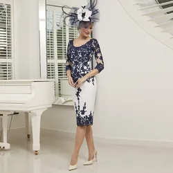 Customized Sheath Formal Dress for Mother 3/4 Sleeves O-Neck Mother Of The Bride Dress Zipper Knee Length Evening Party Gowns