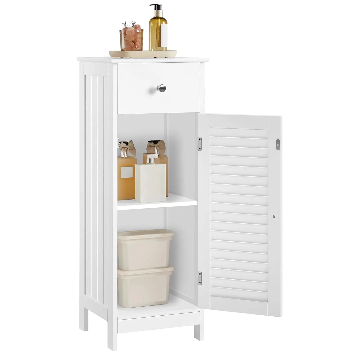 Small Bathroom Storage Cabinet with Drawer & Louvered Door, White