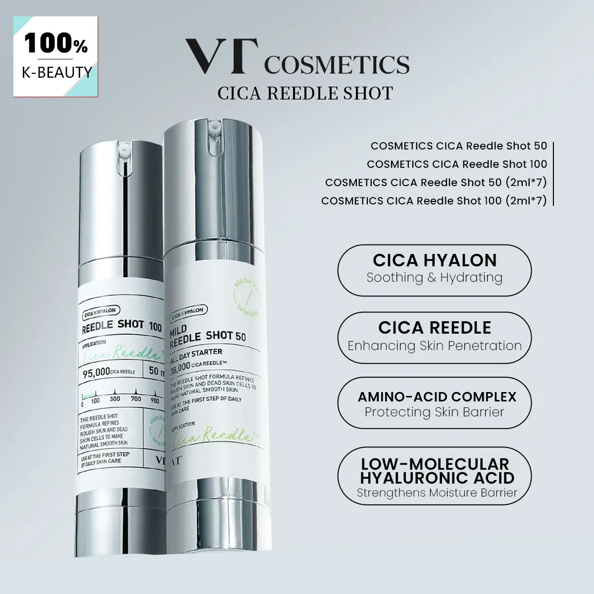 VT COSMETICS CICA Reedle Shot, Pack varié, Consistance fluide légère, Puissance hydratante intense ​ Soins de la peau coréens, maquillage coréen
