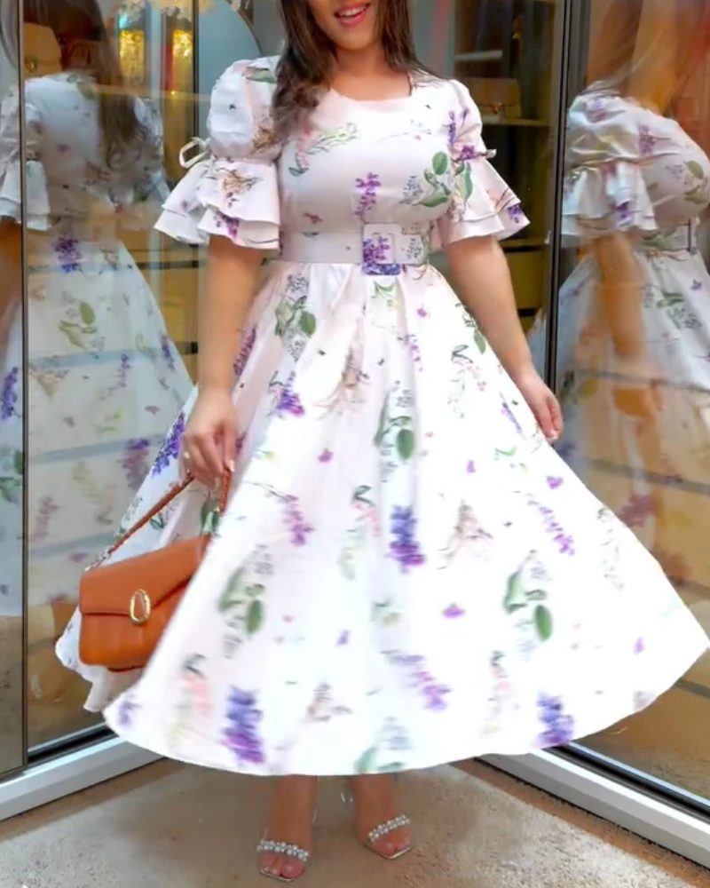 2025年夏新作 レディースワンピース 花柄プリント ハーフスリーブ シャーリング ハイウエスト カジュアル ラウンドネック ロングワンピース ベルト付き