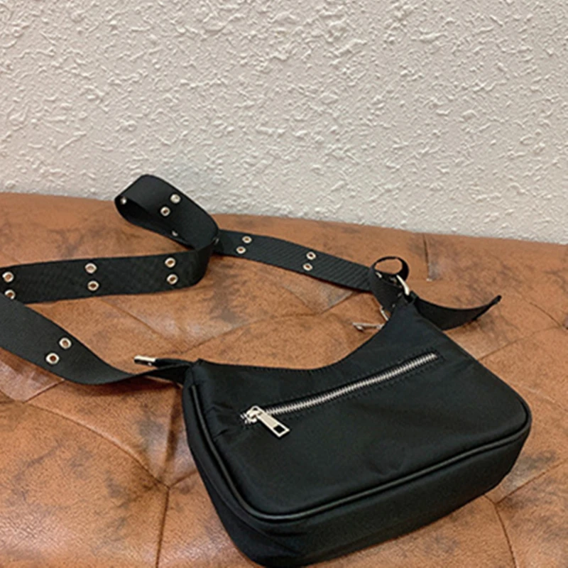 Borse a tracolla donna cinturino regolabile Chic nero semplice Harajuku per studenti borsa a tracolla con cerniera in tela popolare High Street