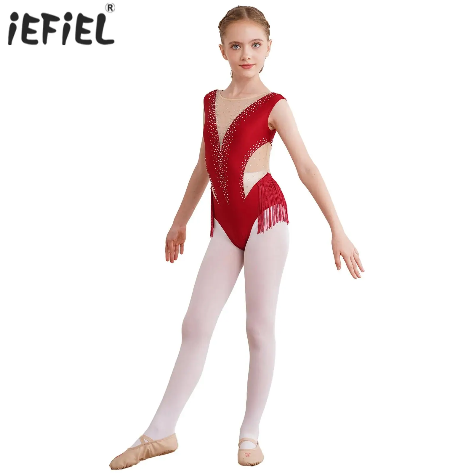 Girls Gymnatics Swimsuit for Ballet Lyrical Dancing Sparkly Rhinestone Figure Skating Costumes Sheer Mesh Bodysuit Jumpsuit