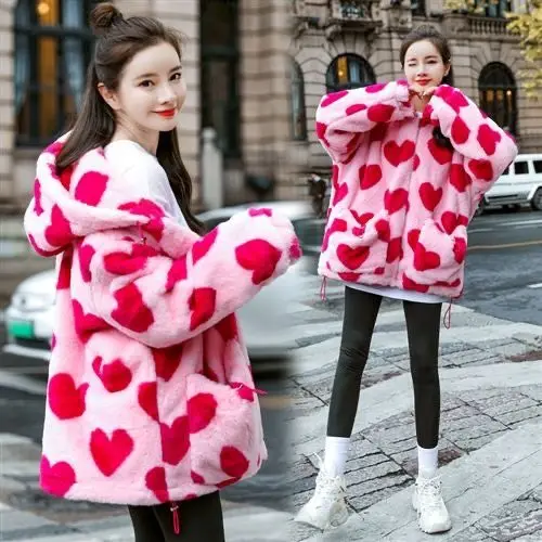 High-end lamb plush jacket Korean style fashionable and versatile 2024 winter new thickened hooded love cotton coat for women