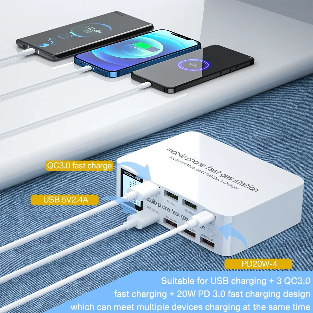 8 Ports USB Fast Charger 100W QC3.0 PD USB C Type C Phone Charger LCD Digital Display Charging Station Adapter for iPhone Xiaomi