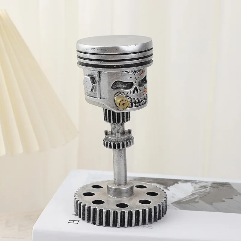 Mechanical Gear Piston Skull Face Resin Sculpture Retro Industrial Figurine Home Office Desktop Decor Ornament Craft Gift