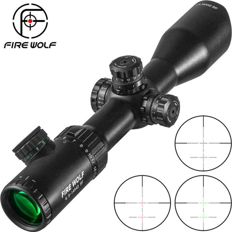 FIRE WOLF 4.5-14X42 Riflescopes Bevel Side Double Cross Red Green Focus Tactical Optical Scope Sight Sniper Hunting Scope