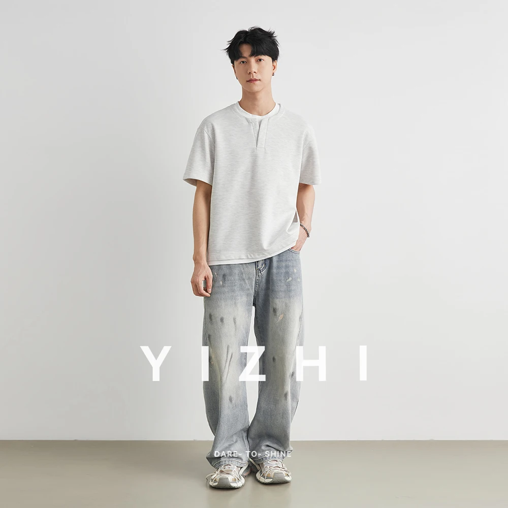 Men's Japanese Fake Two-Piece Henley Neck Short Sleeve T-shirt 2026 Summer Color Block Loose Drop Shoulder Casual Versatile Top