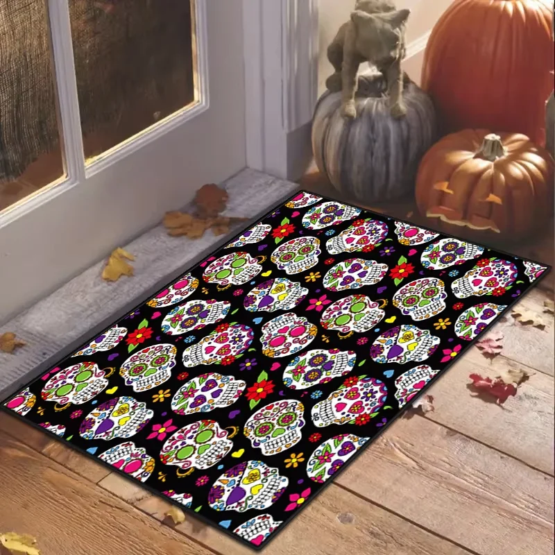 VIKAMA Sugar Skull Doormat Colorful Floral Calavera Pattern Non Slip Indoor Outdoor Day Of The Dead Entryway Decor Floor Mat