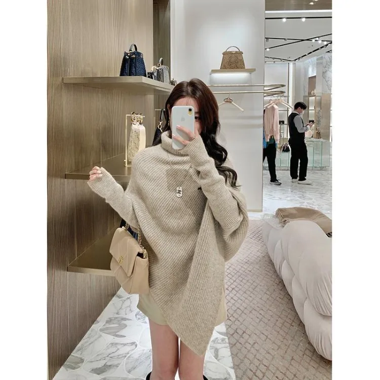 Korejepo Irregular Design Turtleneck Sweater Women Autumn Winter Loose Versatile Niche Lazy Wind Knitted Simplicity Sweaters