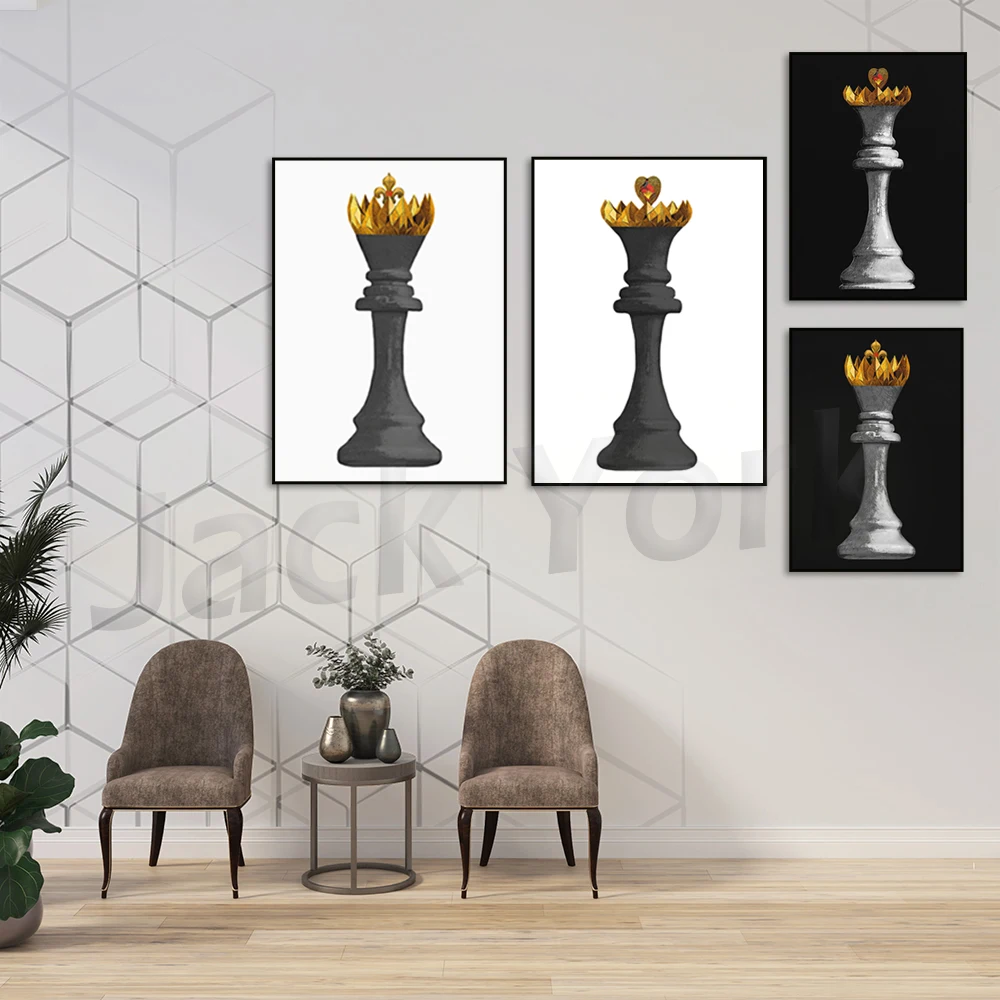 Chess Set King & Queen Board Game Decor | Black Chess Pieces Couple Painting | Canvas Print Wall Art