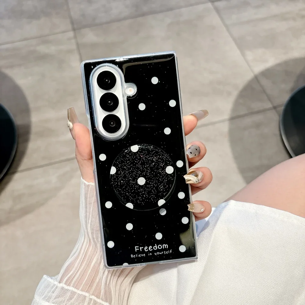 High-end Fashion Black Polka Dot Epoxy Phone Case for Samsung Galaxy Z Fold 7 6 5 4 Folding Stand Bracket Shockproof Soft Cover