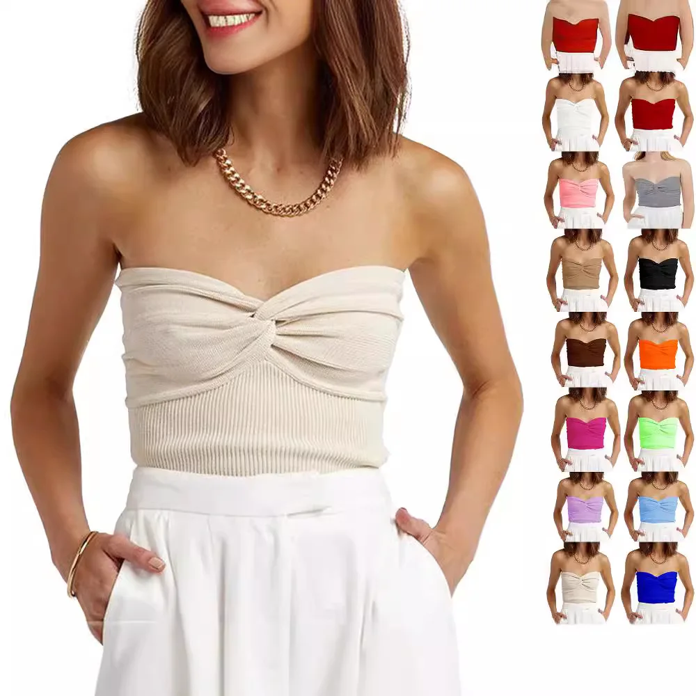 

BluWin 2025 Summer Sexy Knotted Ribbed Tube Top for Women | Strapless Stretch Crop Camisole | Y2K Streetwear Off Shoulder Vest