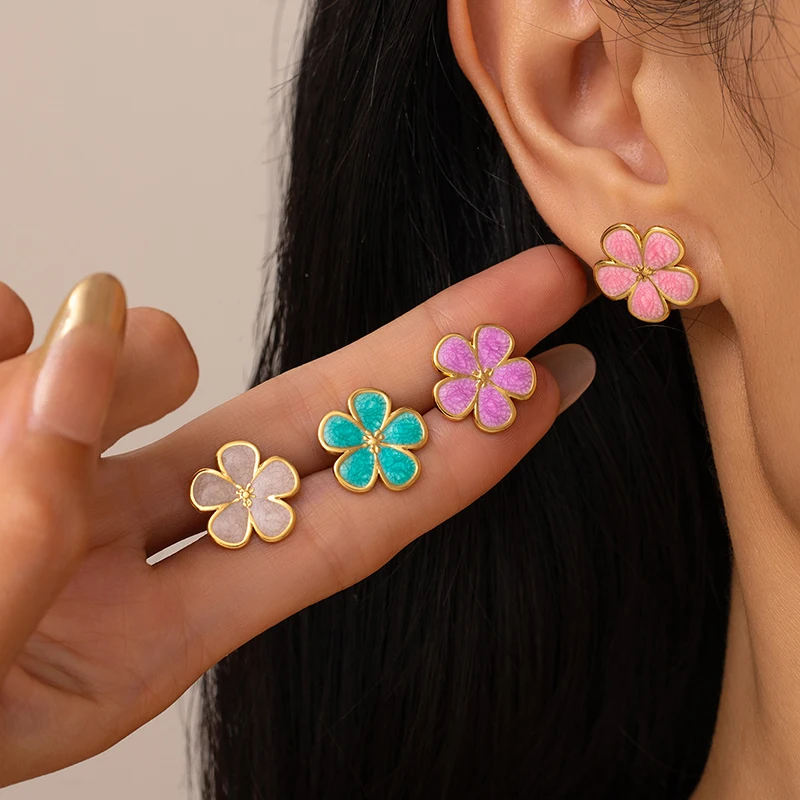 ANENJERY 316L Stainless Steel Enamel Flowers Stud Earrings For Women Luxury Niche Temperament Simple Jewelry Gift