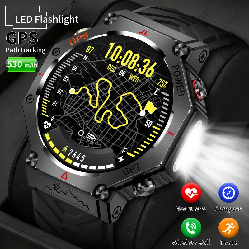 

LIGE GPS Smart Watch Built-in Dual-band Strong Flashlight Military 100+Sport Mode Smart Watches 2026 New For Men 3ATM Waterproof