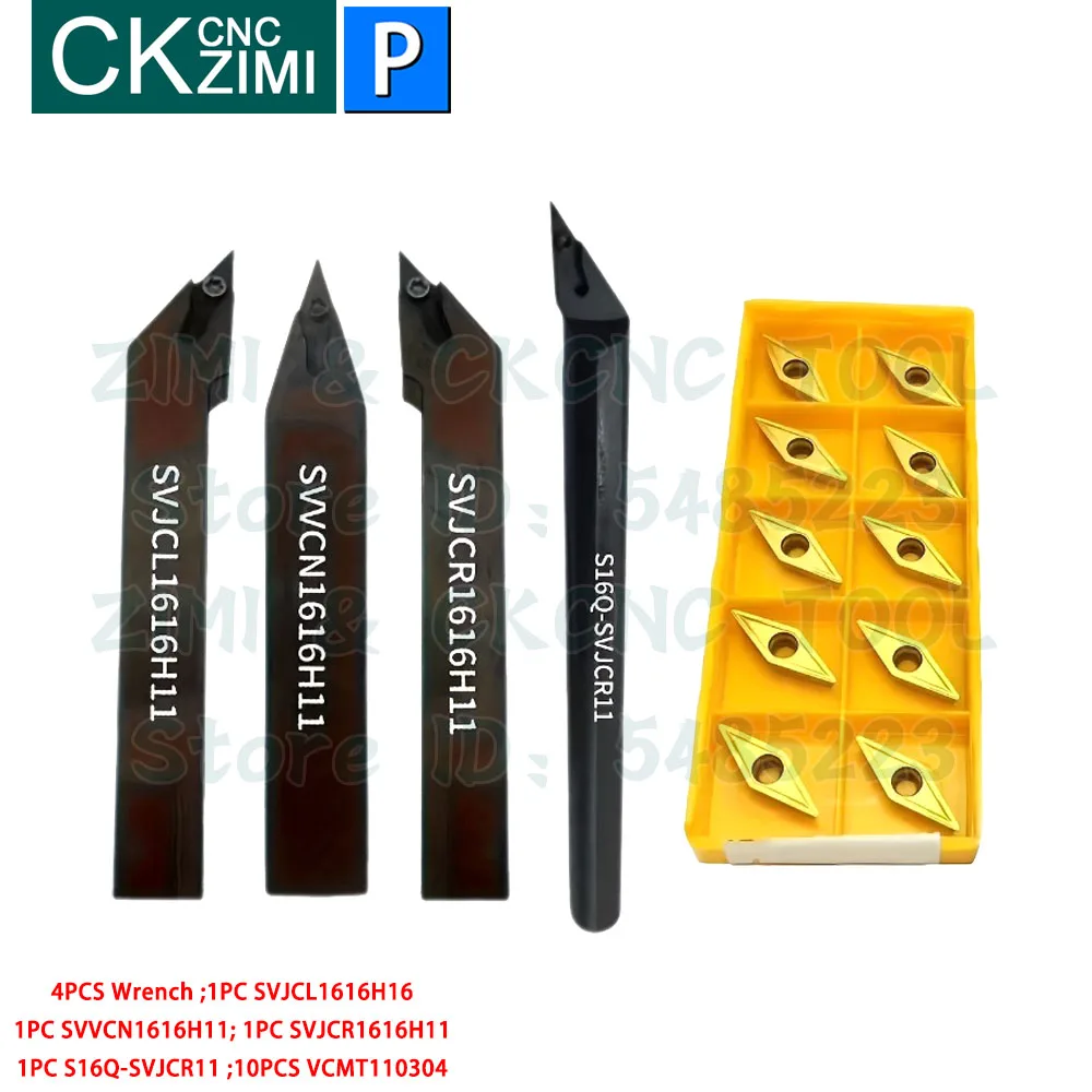 

4pcs CNC Lathe Tool Holder Set SVJCR1616H11 SCJCL1616H11 SVVCN1616H11 S16Q-SVJCR11 + 10pcs VCMT110304 Inserts